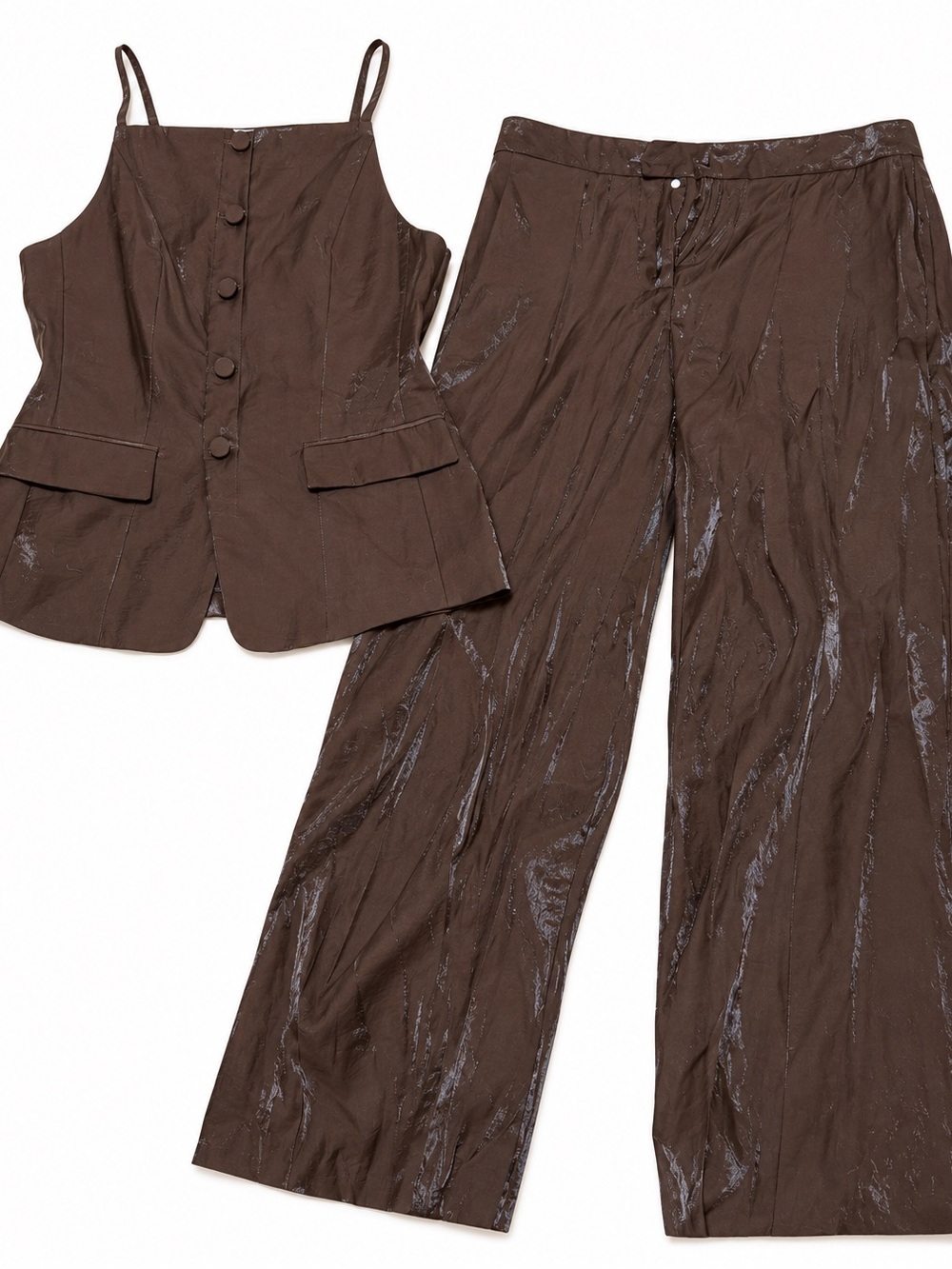 Zara Brown Shiny Effect Vest & Straight Leg Pants Set Size S & L